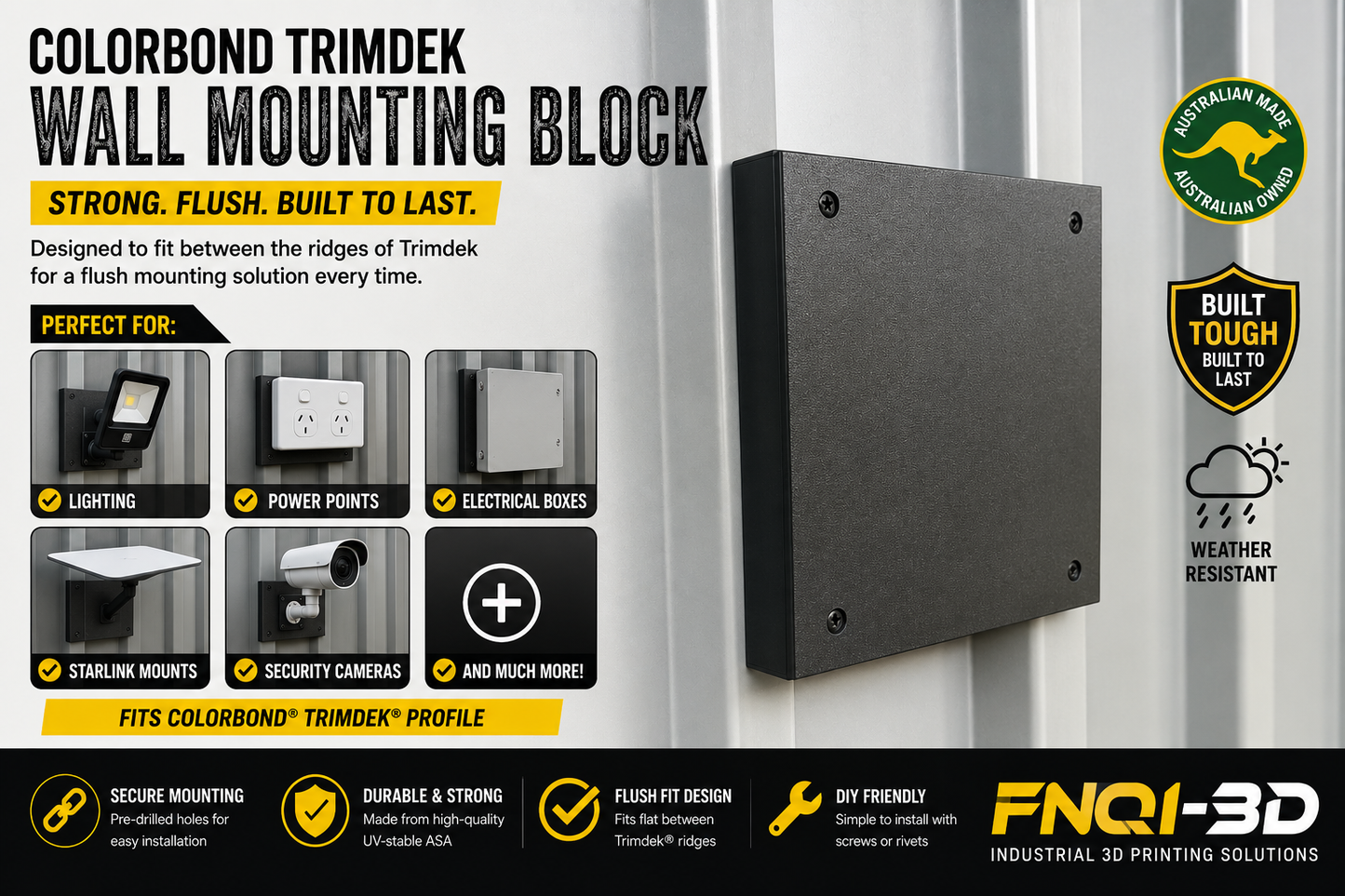 Colorbond Trimdek Mounting Block Flush Wall Mount for Starlink Lights & Electric