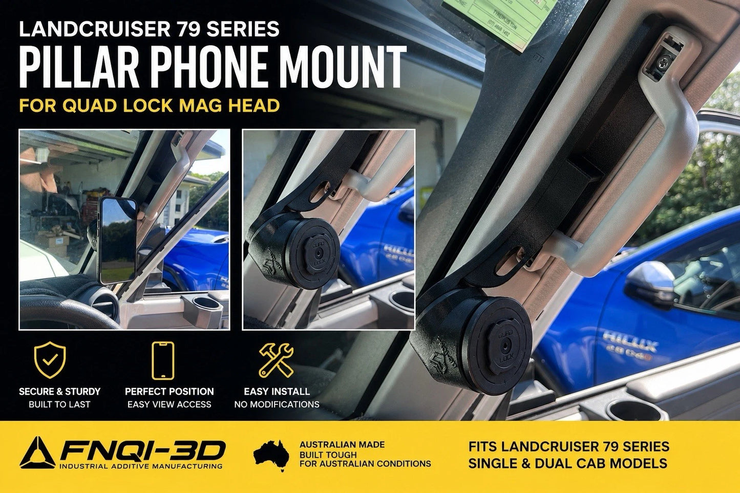 Toyota LandCruiser 79 Series Pillar Phone Mount Suits Quad Lock MAG Head